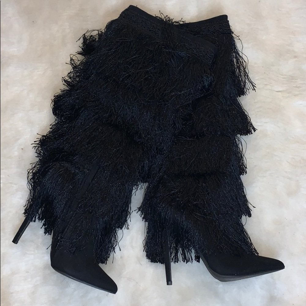 Fringed Knee High Black Boots- BRAND NEW